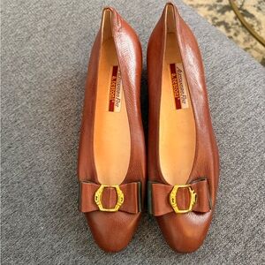 a. testoni Brown Leather Flats with Gold Buckle